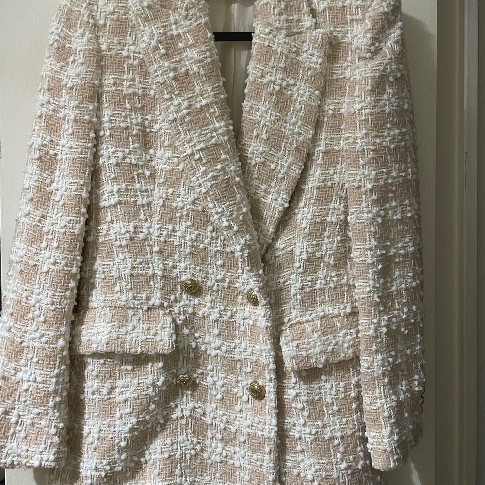 ZARA Women's Pale Pink & White Tweed Double-Breasted Blazer, Gold Buttons Size S